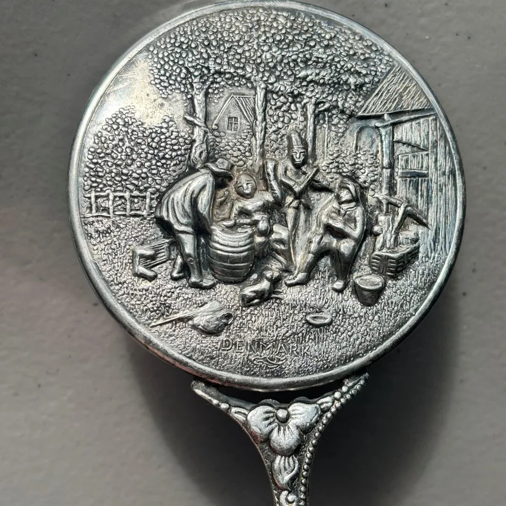 Vintage Hans Jensen Denmark Silver Plated Hand Mirror Repoussé Stamped Danish - Picture 12 of 13